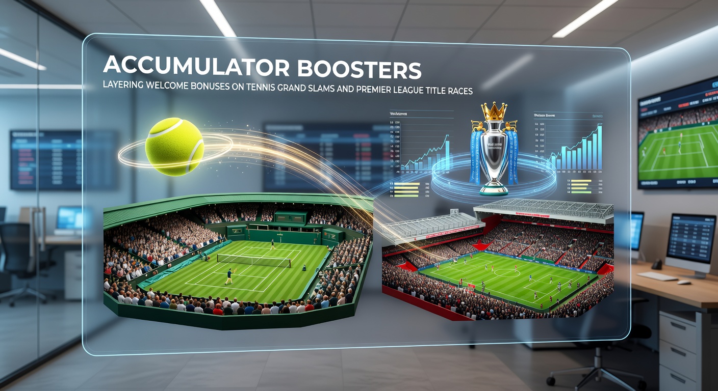 Tennis player serving during a Grand Slam match with Premier League stadium in background, illustrating accumulator bets layered with bonuses