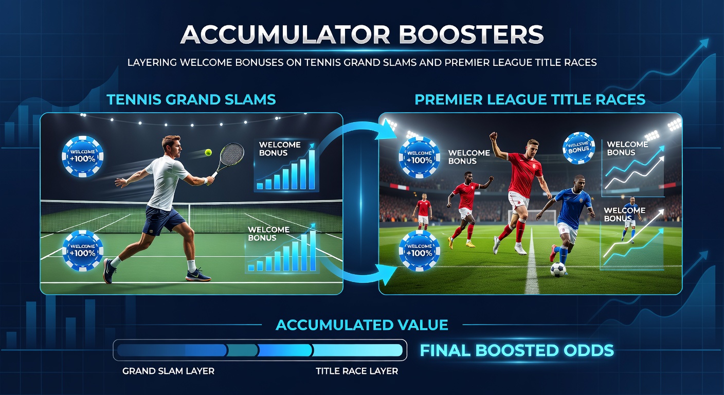 Premier League title contenders celebrating a goal alongside tennis net, symbolizing layered accumulator bonuses on dual events