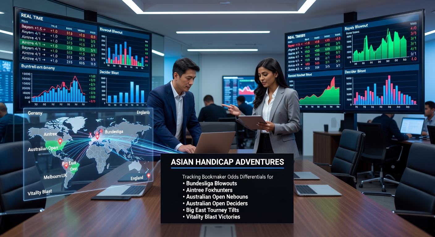 Bookmakers displaying Asian Handicap odds for Bundesliga and horse racing events on multiple screens
