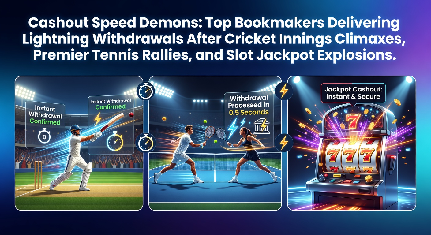 A dynamic split-image showing a cricket player celebrating an innings end, a tennis rally in full swing, and colorful slot machine lights flashing a jackpot win, highlighting the thrill of quick cashouts