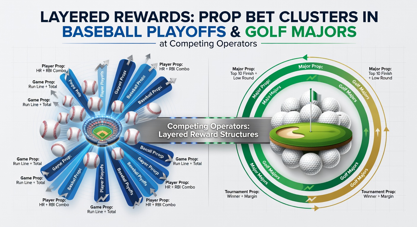 Layered rewards visualization for prop bet clusters in baseball playoffs and golf majors across competing operators