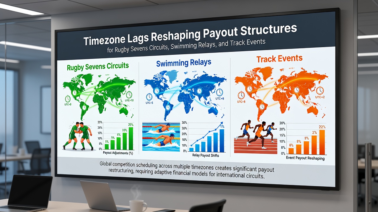 Swimming relay teams competing in a pool with digital clock showing multiple timezones