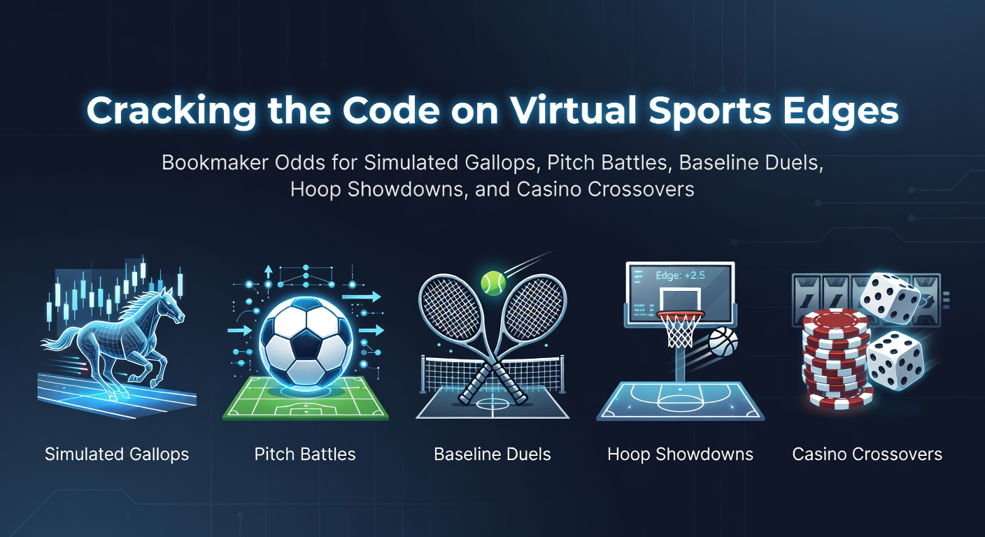Digital simulation of a virtual horse race gallop with competing horses on a track under stadium lights, highlighting the fast-paced action of bookmaker virtual sports betting
