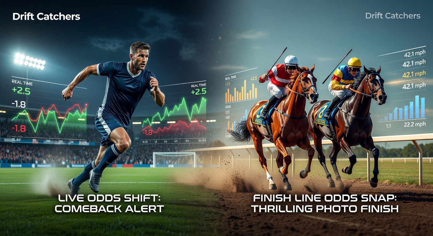 Dynamic graph showing live odds drifting sharply during a late football goal and a horse surging at the finish line