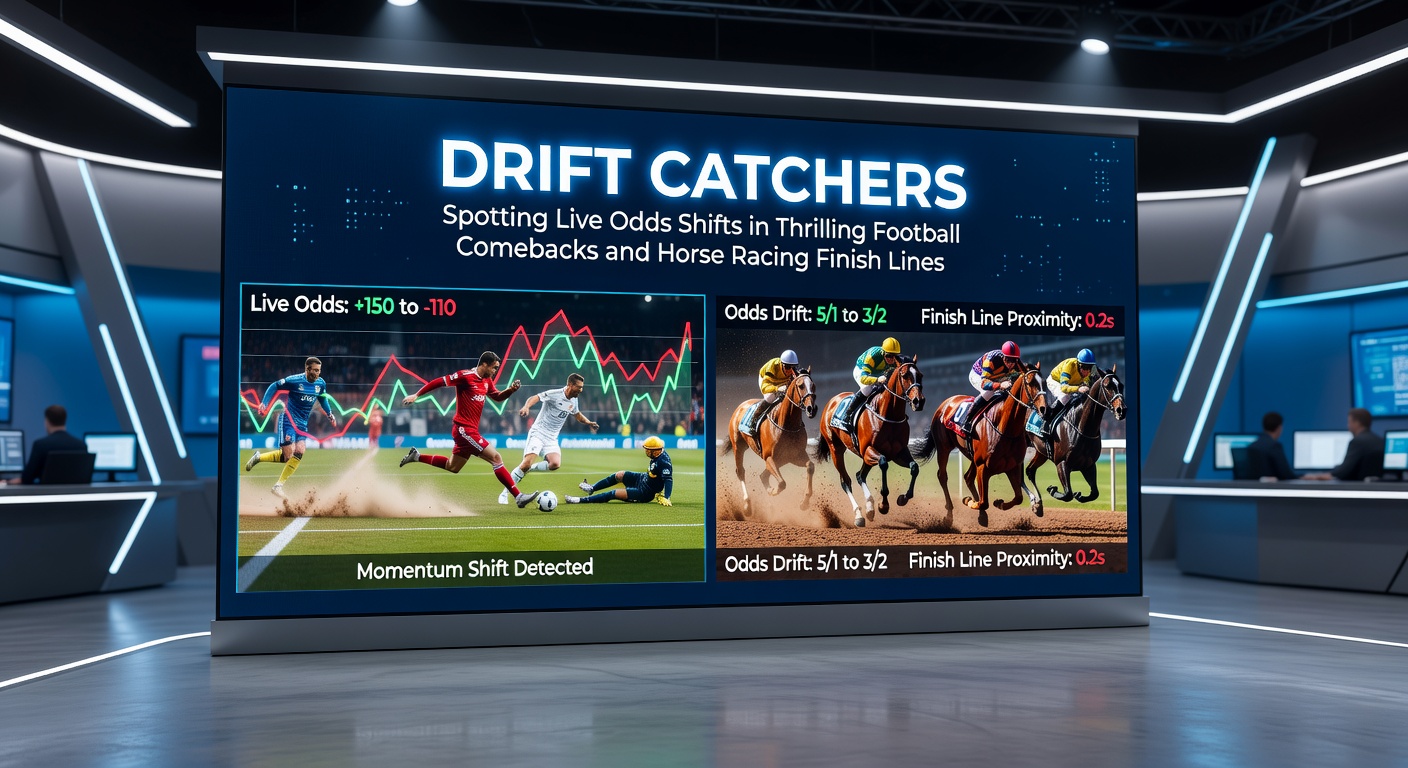 Close-up of horses thundering toward the finish with overlaid live odds screen showing a dramatic drift on the outsider