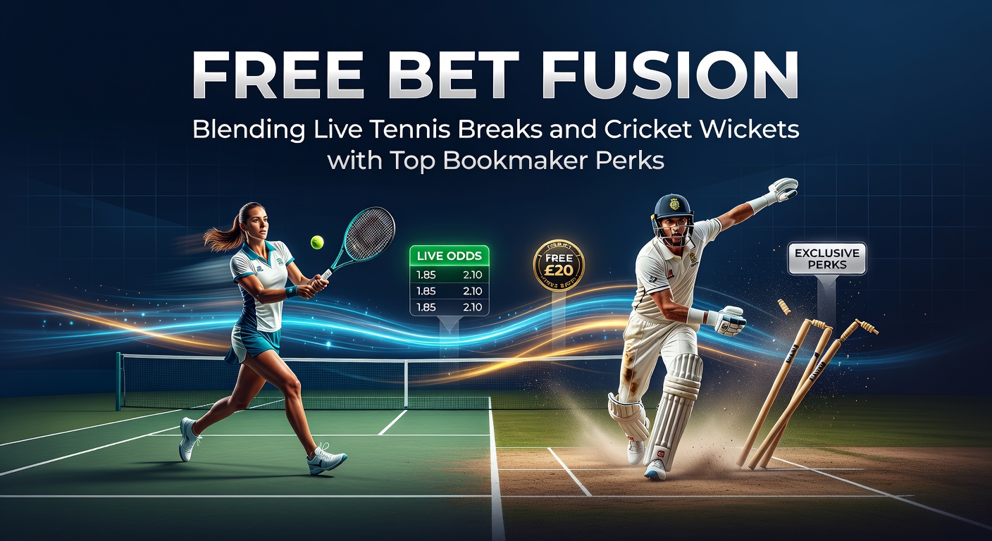 Dynamic live betting scene showing a tennis player serving and a cricket bowler delivering, overlaid with bookmaker free bet icons
