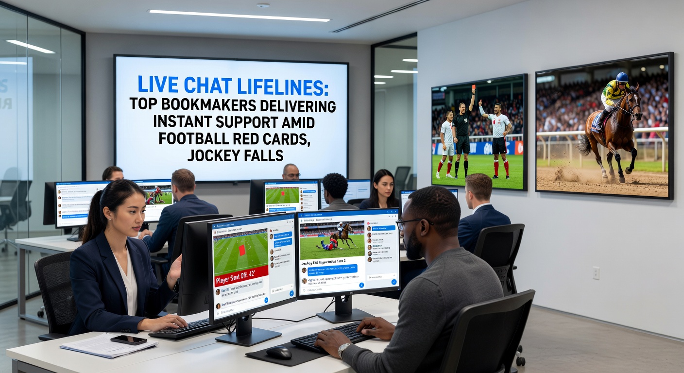 Bookmaker live chat interface during a tense football match red card incident, showing quick response bubbles amid shifting odds