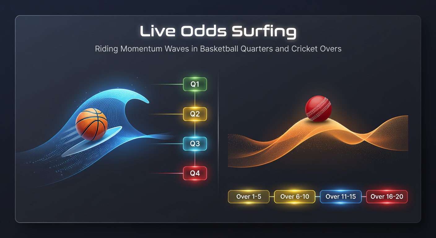 Cricket scoreboard displaying live odds changes during an intense over, with momentum indicators for run rates and wicket probabilities