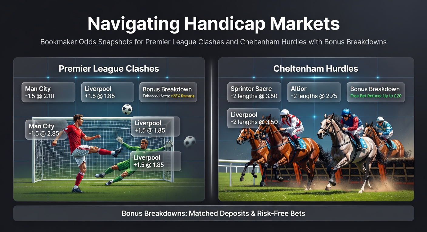 Dynamic display of Premier League handicap odds alongside Cheltenham Festival hurdles action, highlighting bookmaker variations
