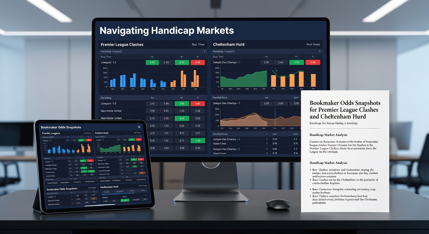 Close-up of bookmaker apps showing real-time handicap odds for a Premier League game and Cheltenham Hurdle, with bonus offer icons highlighted