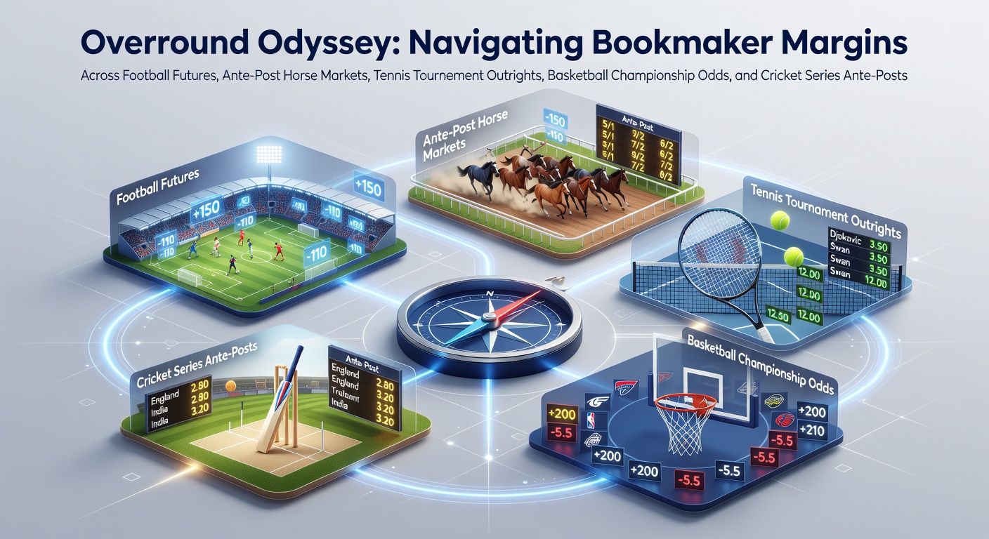 Graph showing overround percentages across various bookmaker markets for futures betting in football, horse racing, tennis, basketball, and cricket