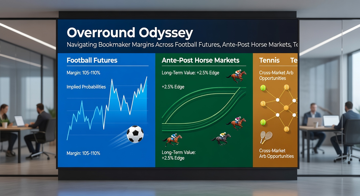 Comparison table of overround percentages for tennis outrights, basketball championships, and cricket series across top bookmakers