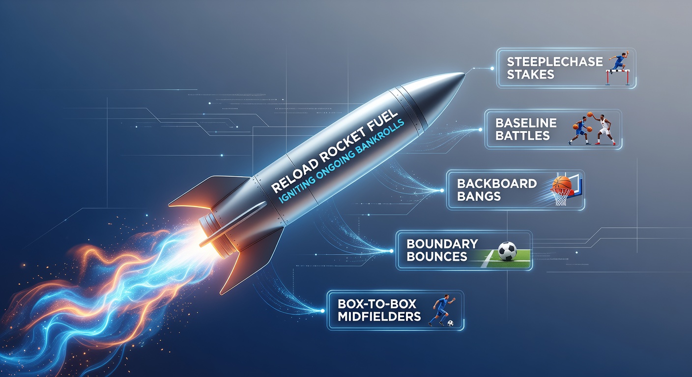 Dynamic scene of a steeplechase horse leaping hurdles under rainy skies, with overlaid betting odds and reload bonus icons highlighting bankroll boosts for ongoing wagers