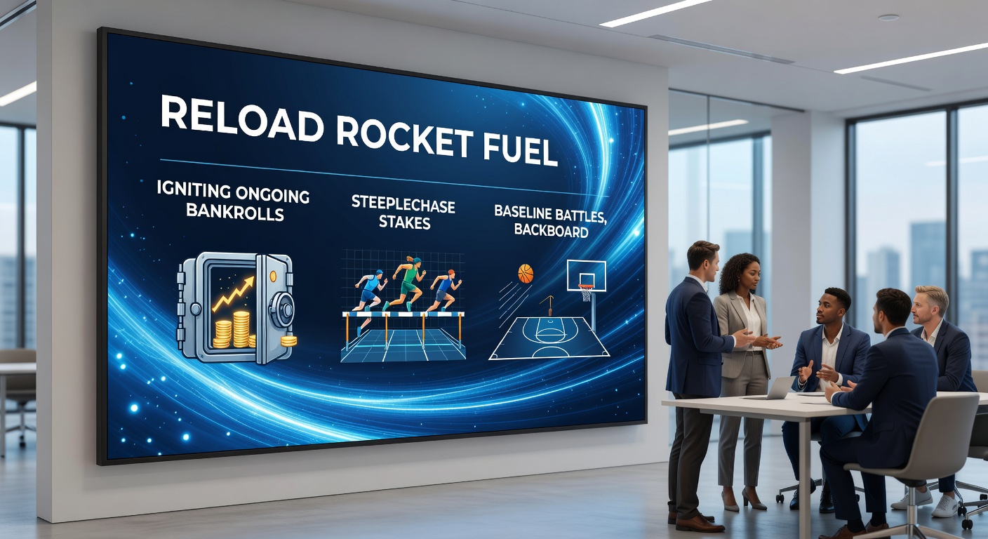 Collage of tennis baseline rallies, basketball rebounds, cricket boundaries, soccer midfield actions, and steeplechase jumps, with reload bonus graphics overlay showing bankroll ignition
