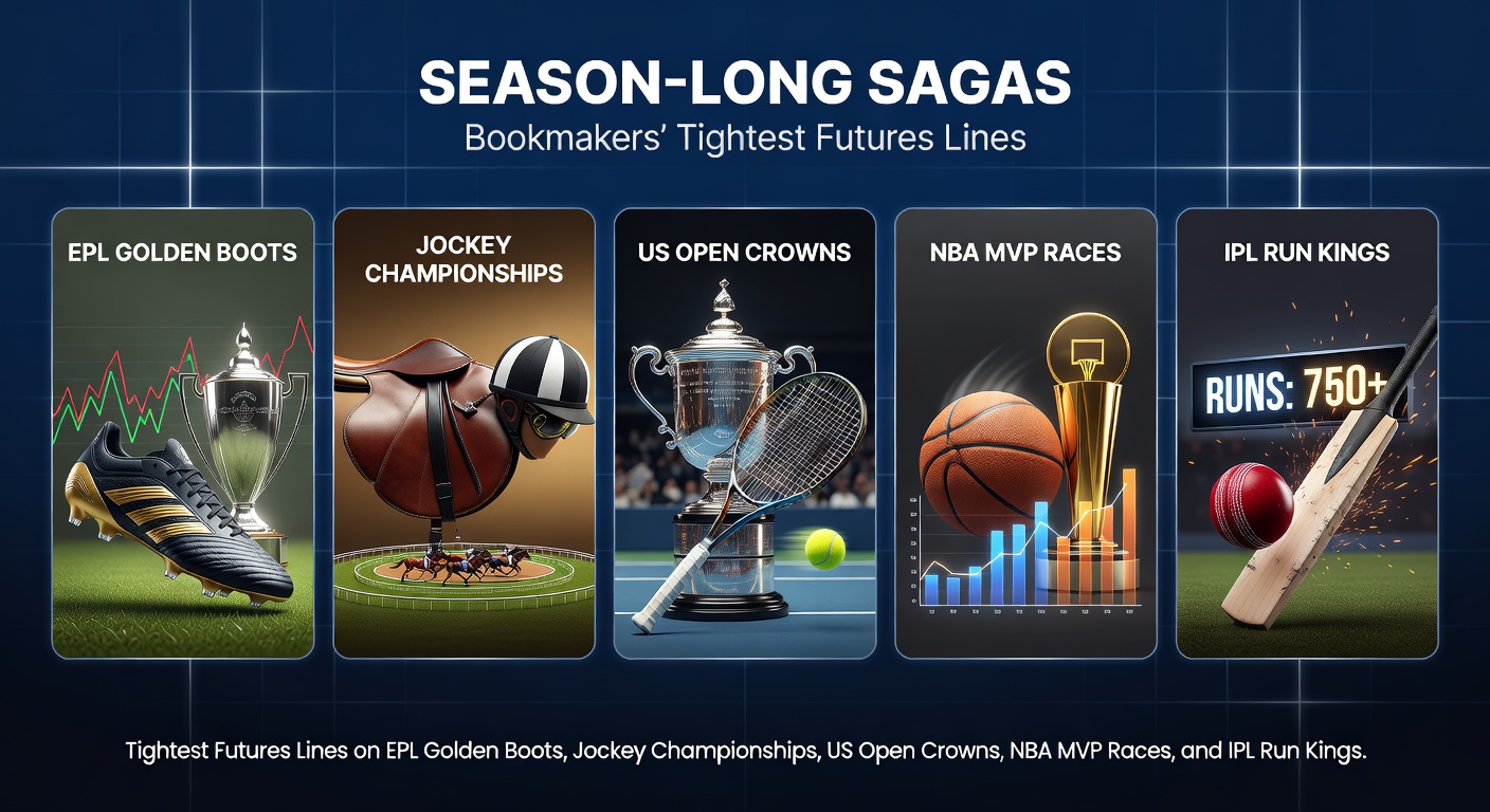 Collage of EPL stars celebrating goals, jockeys crossing finish lines, US Open trophy lifts, NBA MVPs holding awards, and IPL batsmen smashing boundaries, highlighting futures betting excitement