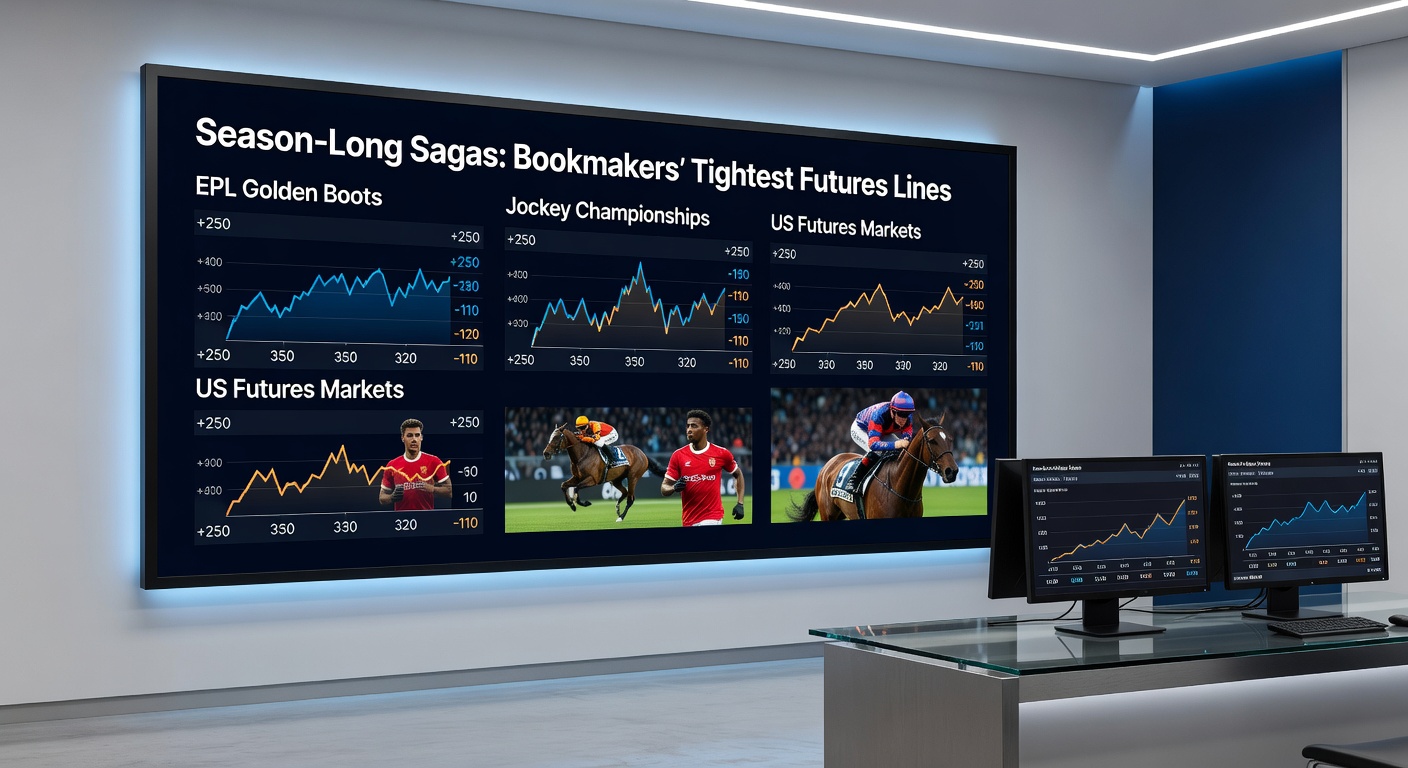 Dynamic split-image of a jockey whipping to victory in a tight finish, overlaid with odds boards showing tight futures lines for championships
