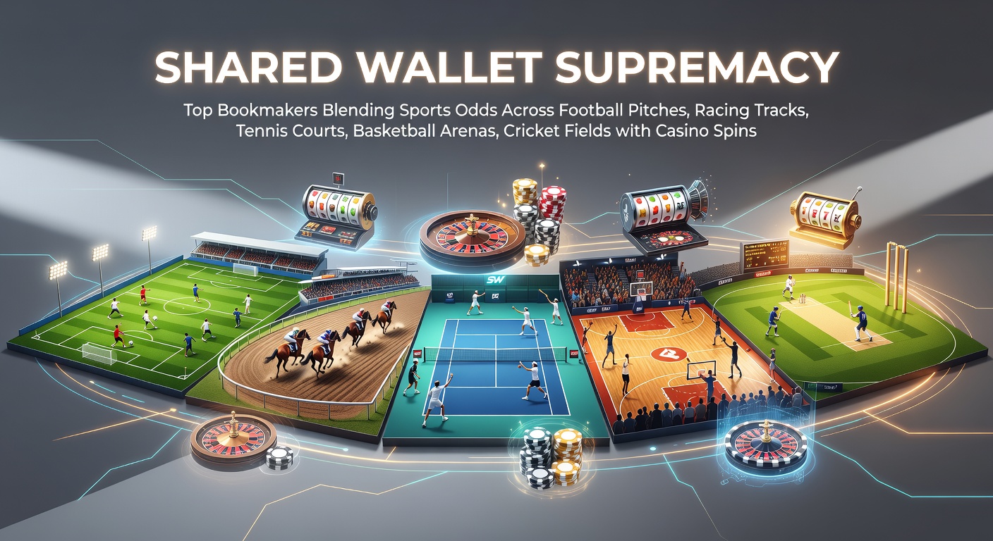 Digital interface showing a shared betting wallet balancing sports odds from football matches and horse racing with casino slot reels spinning in the background