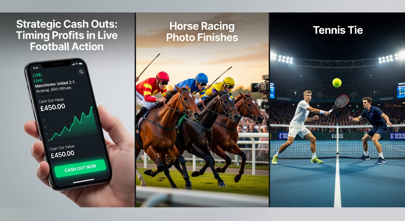 Close-up of a horse racing photo finish with jockeys neck-and-neck, overlayed with live betting cash out button