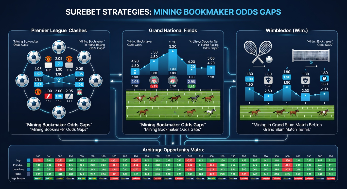 Grand National runners thundering down the track at Aintree, with overlaid odds from competing bookmakers showing clear arbitrage potential