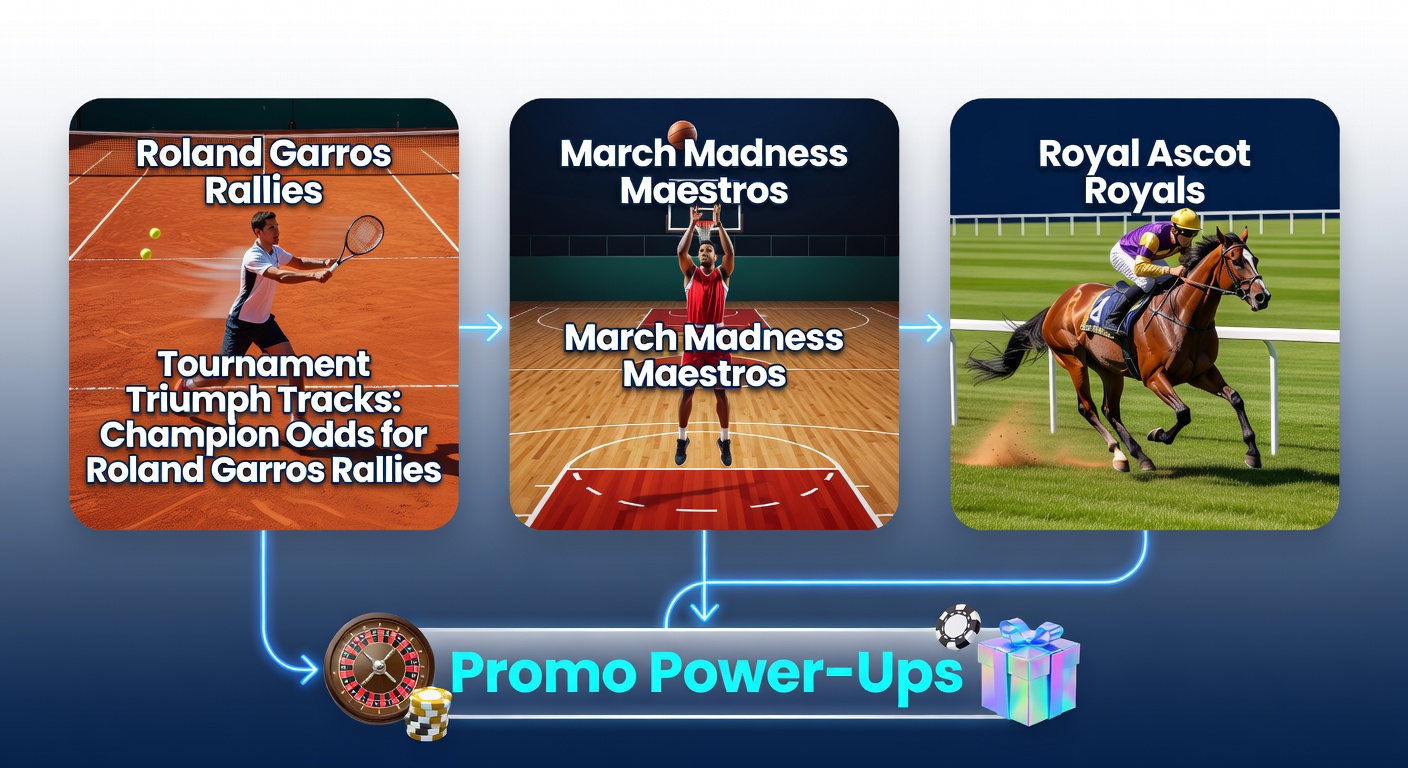 Tennis players battling on clay courts at Roland Garros, with basketball brackets and Royal Ascot horses in the background, overlaid with betting odds and promo icons