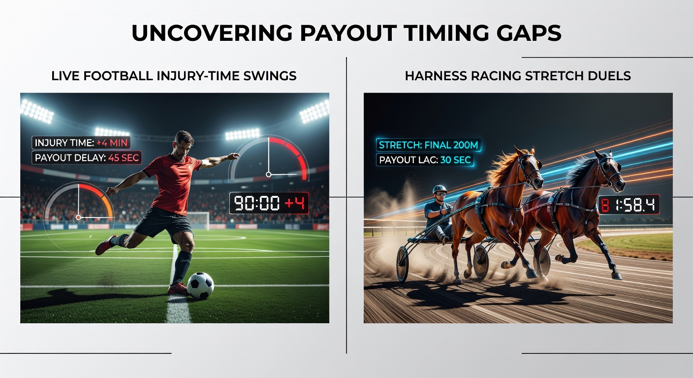 Harness racing stretch duel with overlaid betting payout timing graphs and reward stack notifications