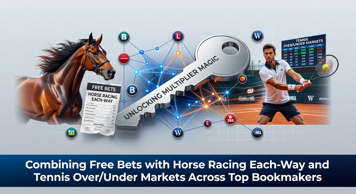 Horse racing each-way bet slip combined with tennis over/under odds on a bookmaker app, highlighting free bet multipliers