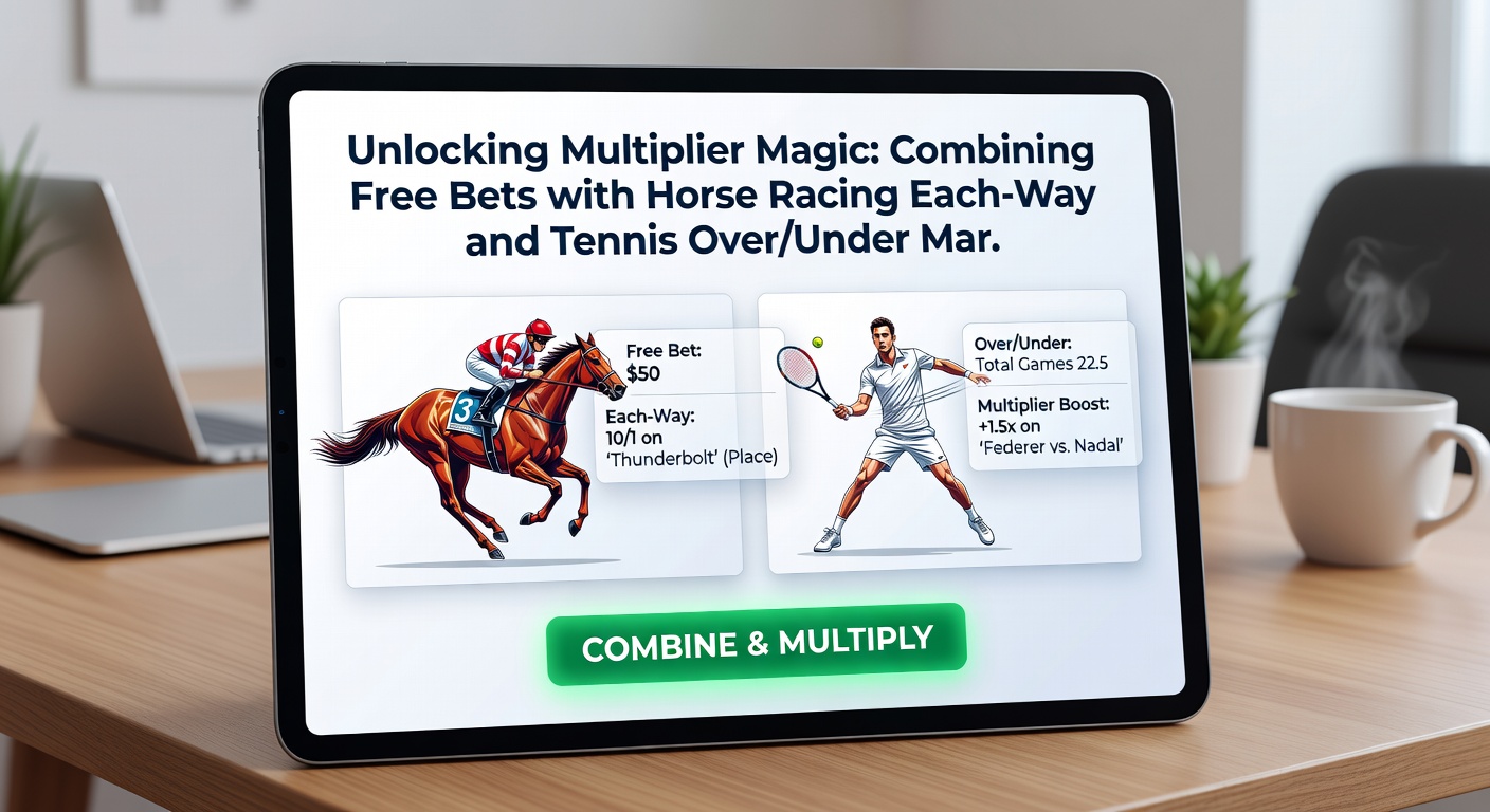 Screenshot of a parlay slip merging horse each-way, tennis over/under, and free bet application on a mobile betting interface