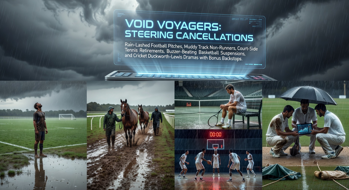 Rain-drenched football pitch under stormy skies, with players huddled and referees assessing conditions