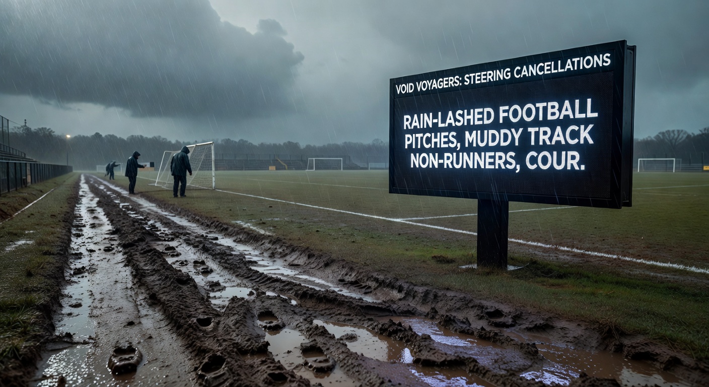Muddy horse racing track with jockeys navigating slop during a rainy race meeting