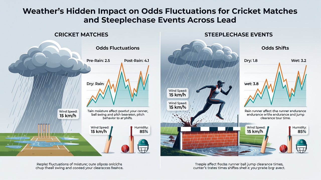 Live odds boards displaying rapid price changes during weather-affected cricket and steeplechase competitions